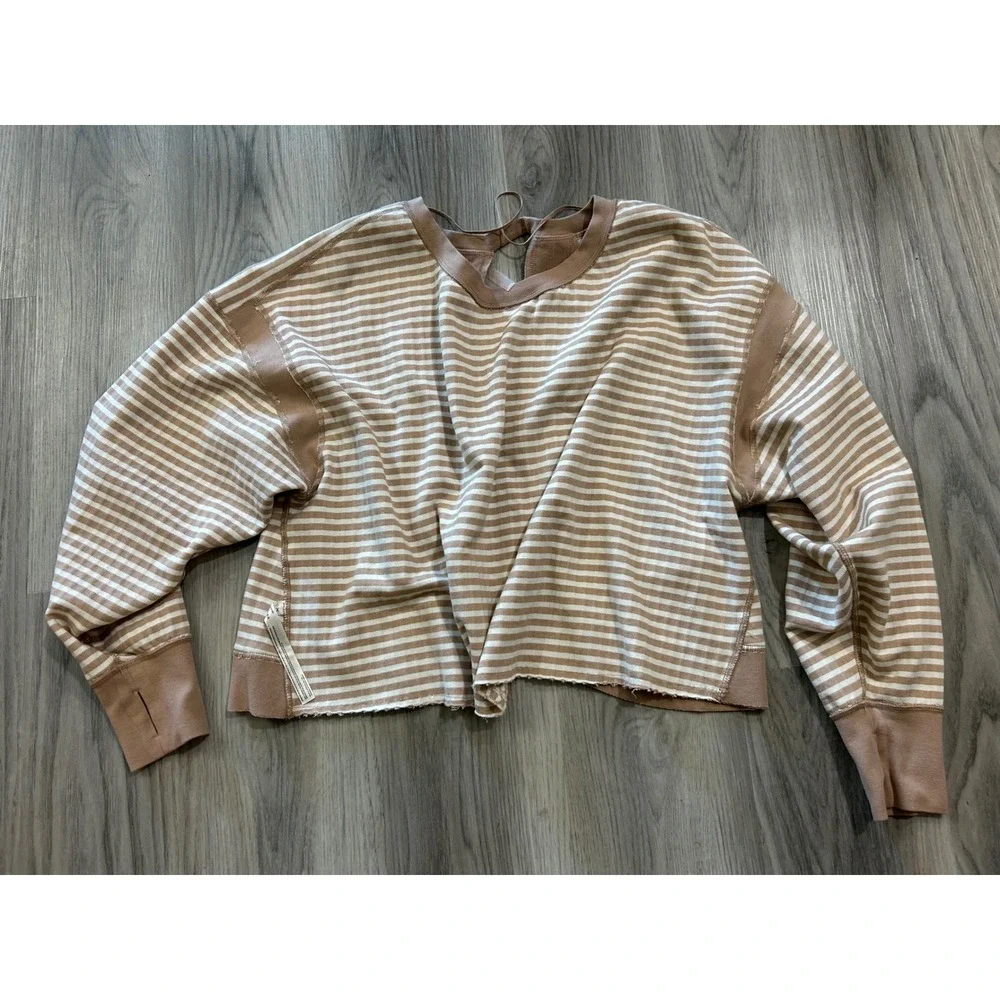 Free People Movement Love Tank Pullover Sandy Tan Waffle Stripe Reversible L NEW